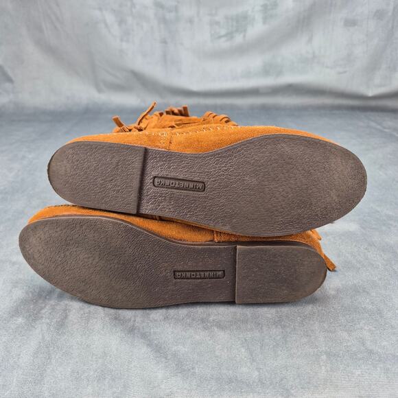 MINNETONKA 1632 Moccasin Boots 3 Layer FRINGE Brown Suede Leather 8 Boho Hippy - Picture 8 of 8